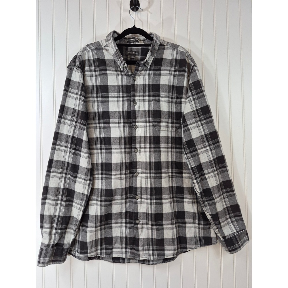 Eddie Bauer Mens TXL Tall Black White Plaid Thick Flannel Shirt 100% Cotton